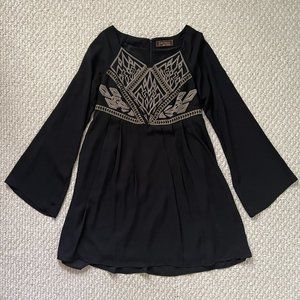 Embroidered Black Flare Sleeve Mini Dress